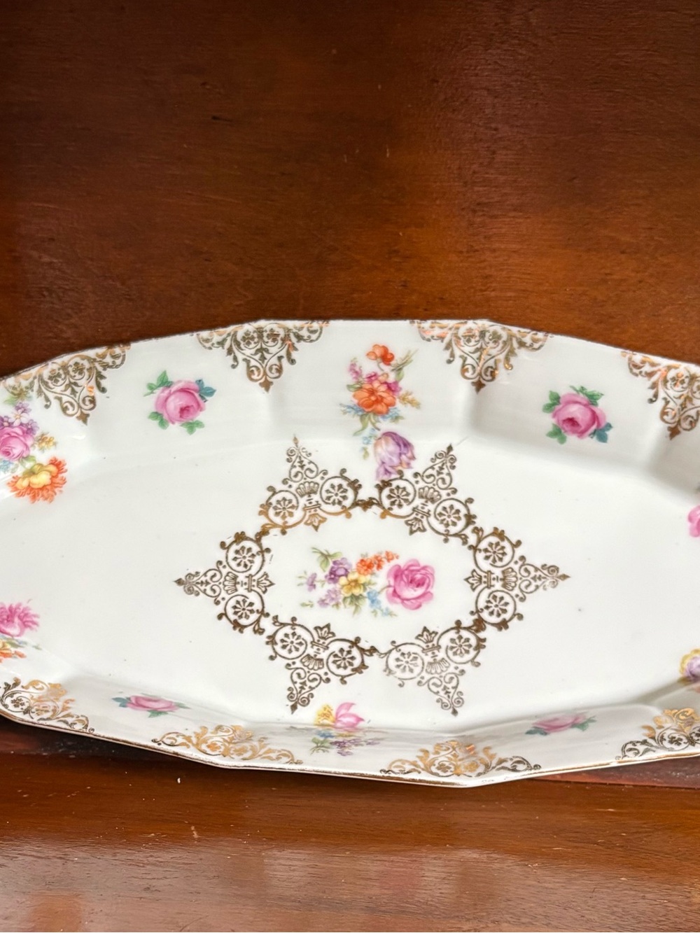 Vintage Floral Gold Trim Porcelain Serving Platter